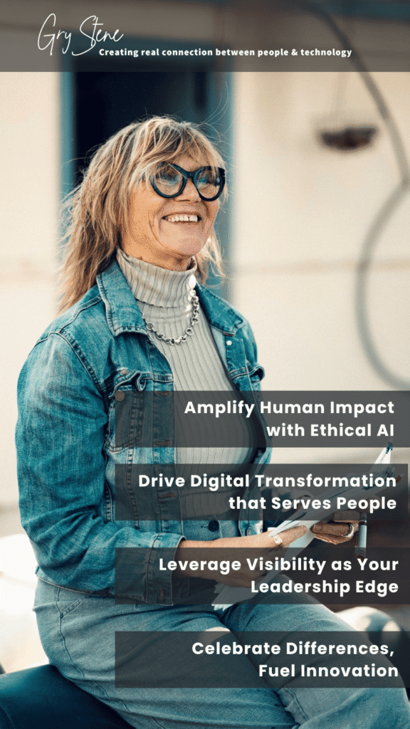 Gry Stene with manuscript and talk topics laughing Gry sitting on chair with denim jacket and her manuscript in her hands smiling. Overlays of her speaking topics